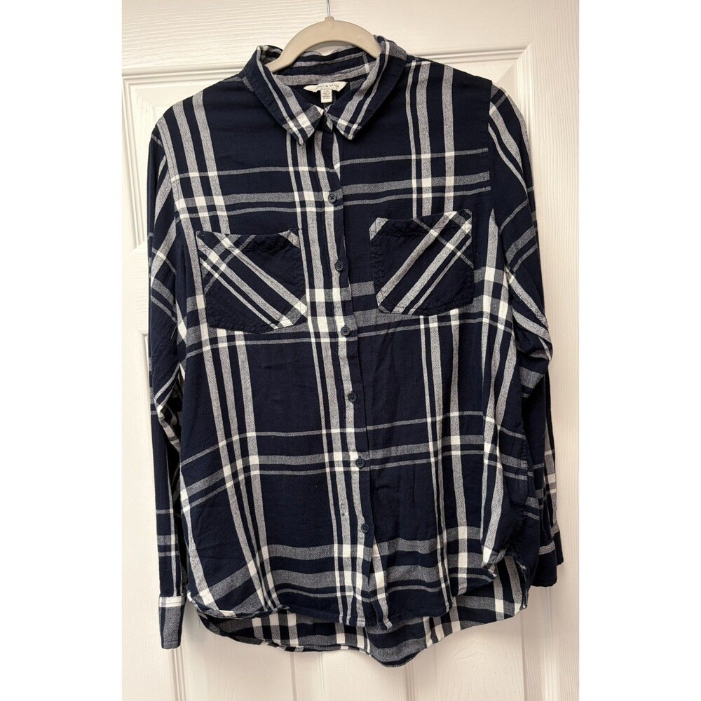 Womens Lucky Brand Blue White Plaid Shirt Button Up Long Sleeve Size L